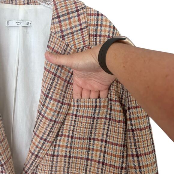 MNG Suit Plaid Blazer Women’s Medium Tan Pink Black Double-Breasted Career Mango - Picture 4 of 8
